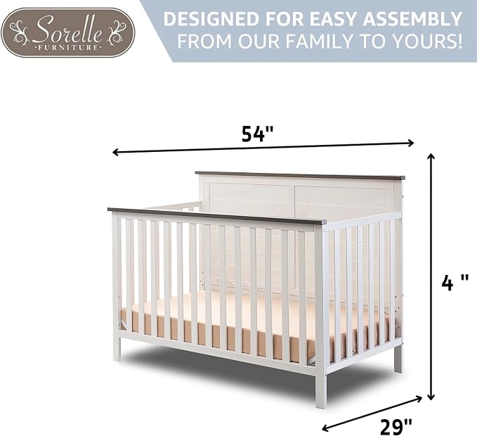 Sorelle Furniture Ashley Crib, Classic 4-in-1 Convertible Pannel Crib, Baby Crib Made of Wood, Non-Toxic Finish, Wooden Baby Bed, Toddler Bed, Child’s Daybed and Full-Size Bed, Nursery Furniture