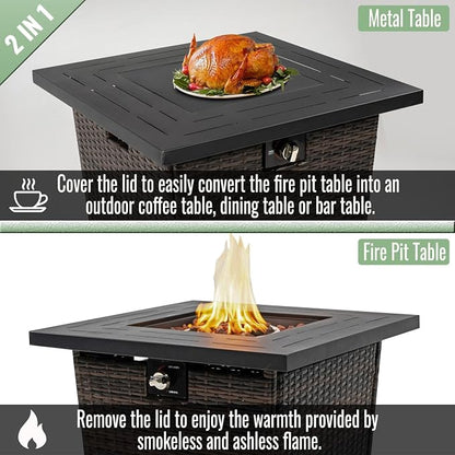 GDFStudio 28" Outdoor Propane Gas Fire Pit Table, 50000 BTU Square Patio Heater with Rattan Wicker Base & Black Steel Top, Outdoor Table for Garden, Deck, Backyard, Brown