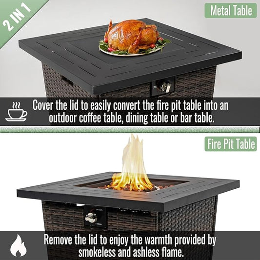 GDFStudio 28" Outdoor Propane Gas Fire Pit Table, 50000 BTU Square Patio Heater with Rattan Wicker Base & Black Steel Top, Outdoor Table for Garden, Deck, Backyard, Brown