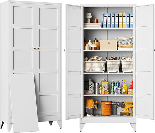SISESOL Pantry Storages Cabinet with 2 Doors and 5 Shelves,Tall Storage Cabinet,Large Cupboard Closet,Metal Storage Cabinet for Home,Bathroom,Dining/Living Room (White, 71" H)