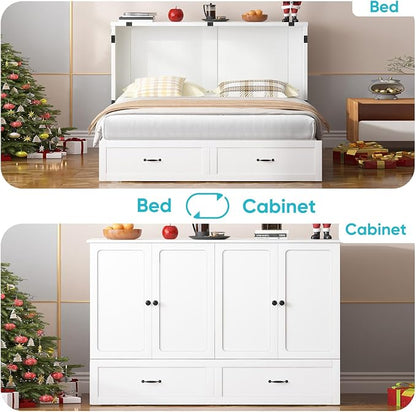 CECER Queen Murphy Bed with Mattress，Space Saving and Easy Assemble-White | Built-in Multi-Port Charging Station ＆ Large Storage Drawer，Sturdy frame ＆ Easy to Move Track