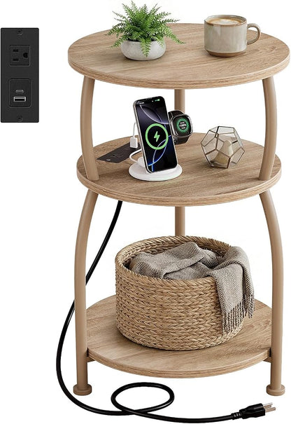Round Side Table with Power Outlet & USB Ports, 3-Tier End Table with Storage Shelf, 15.7" Wide Nightstand for Small Spaces, Tall Bedside Table Capable of Charging Laptops & Phones, Rustic Brown