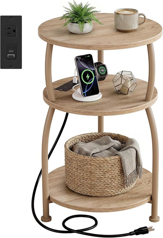 Round Side Table with Power Outlet & USB Ports, 3-Tier End Table with Storage Shelf, 15.7" Wide Nightstand for Small Spaces, Tall Bedside Table Capable of Charging Laptops & Phones, Rustic Brown