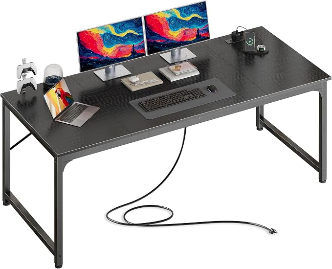 PRAISUN 63 X 30 Inch Extra Deep Desk with Power Outlets | Long Computer Desk for Bedroom, Office Desk for Work from Home, Writing Study Gaming Table, Stable Metal Frame, Black
