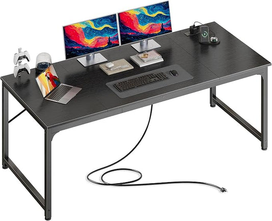 PRAISUN 63 X 30 Inch Extra Deep Desk with Power Outlets | Long Computer Desk for Bedroom, Office Desk for Work from Home, Writing Study Gaming Table, Stable Metal Frame, Black
