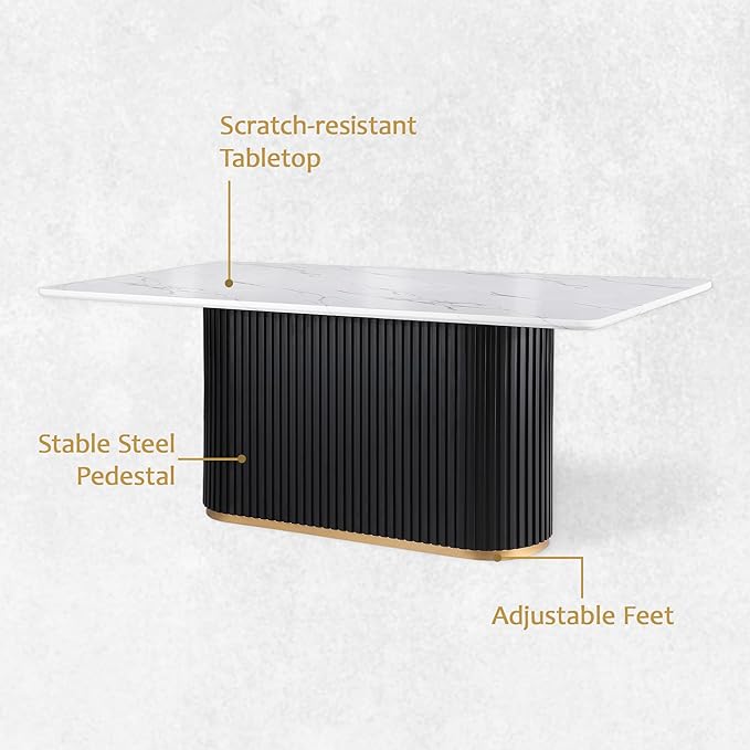 Morden Fort Modern Dining Table Set for 4, 70" Kitchen Table with Marble Rectangle Top and Black Fluted Base, 4 Boucle Upholstered Chairs for Dining Room, Restaurant and Reception