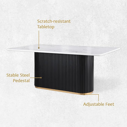 Morden Fort Marble Dining Table Set for 6, 70" Kitchen Table with White Rectangle Top and Black Fluted Base, 6 Modern Upholstered Chairs for Dining Room, Restaurant and Reception