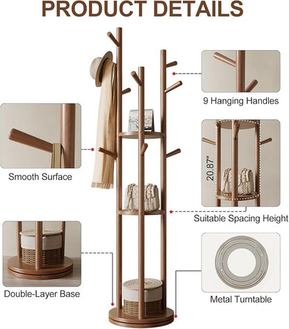 Muwuele Solid Wood Rotary Coat Rack, Freestanding Coat Rack with 3 Shelves and 9 Hooks, Coat tree for Bedroom, Entryway, Livingroom, Coat Hanger Stand for Coats, Scarves, Handbags (Walnut)