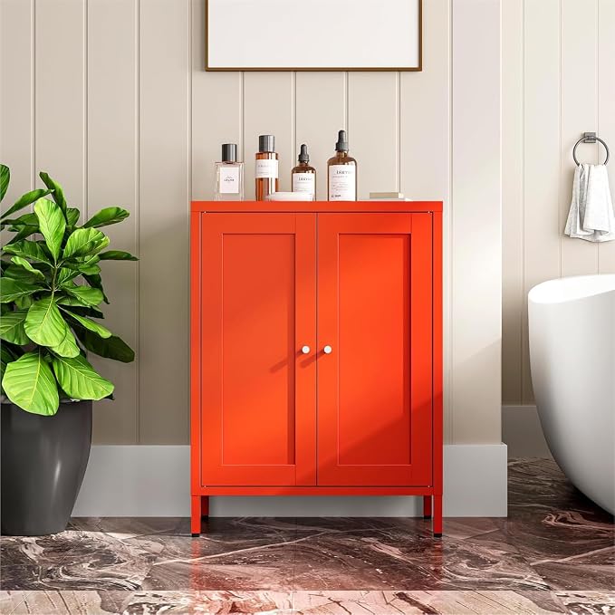 Metal Bathroom Cabinet, Small Floor Storage Cabinet, Freestanding Sideboard with 2 Adjustable Shelves for Living Room, Dining Room, Kitchen (Orange, 31.5" H-2 Doors)