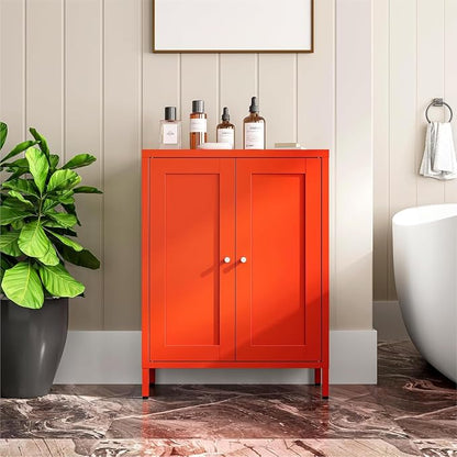 Metal Bathroom Cabinet, Small Floor Storage Cabinet, Freestanding Sideboard with 2 Adjustable Shelves for Living Room, Dining Room, Kitchen (Orange, 31.5" H-2 Doors)