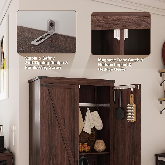 Befrases Farmhouse Storage Cabinet with Adjustable Shelves, Large Pantry Organize with 2 Barn Doors, Tall Freestanding Cabinet for Kitchen, Bathroom, Garage, Basement, Living, Utility Room, Brown
