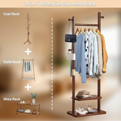 Wooden Coat Rack Freestanding, Hall Tree Hanger With Resin Hooks, Adjustable Heavy Duty Coat Rack for Hanging Clothes Bags Hats in Living Room Bedroom (coat rack, Walnut-23.6x11.4x62.6 in)