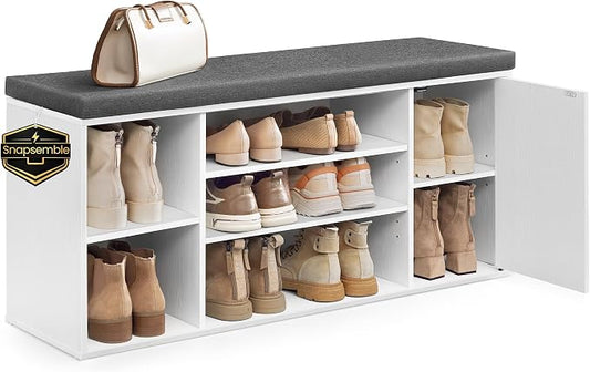SONGMICS HOME Storage Bench, Snapsemble Superfast Assembly, 41" Wide Entryway Shoe Cubby Bench with Cushion & Adjustable Shelves, Window Shoe Rack Cabinet, Snow White and Slate Gray ULHS391WE02S
