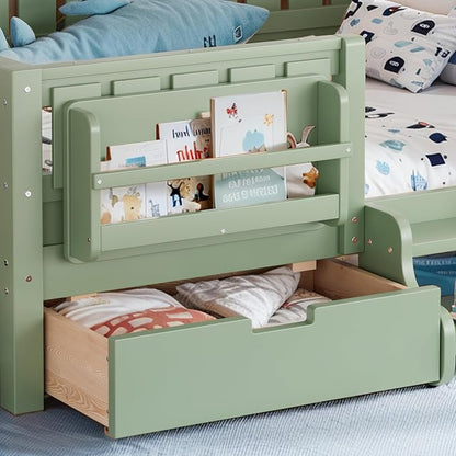 Bellemave Full Kids Montessori Bed with Stairs, Bookshelf and Drawers, Solid Wood Kids Bed Frame with Storage for Boys Girls, Low Profile,Green