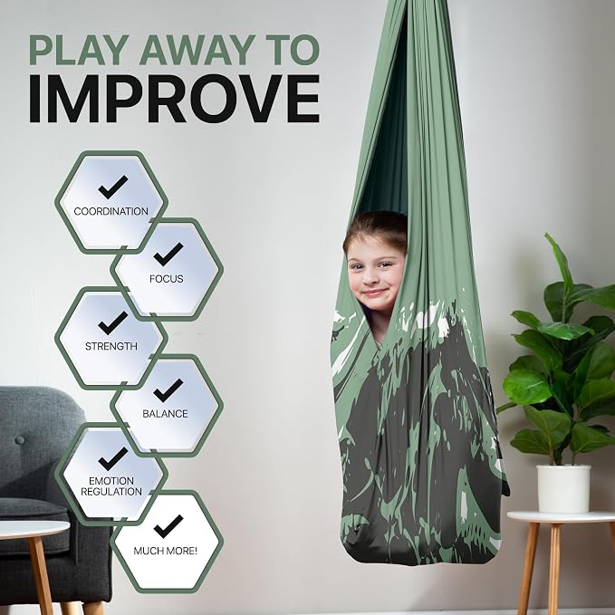 Indoor Sensory Swing for Kids or Outdoor – Holds 300lbs, Double-Layer, & 360° Swivel, Calming Compression Therapy Swing Hammock for Kids & Adults with All Hardware – Sensory-Motor Toys & Gifts