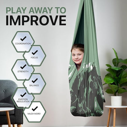Indoor Sensory Swing for Kids or Outdoor – Holds 300lbs, Double-Layer, & 360° Swivel, Calming Compression Therapy Swing Hammock for Kids & Adults with All Hardware – Sensory-Motor Toys & Gifts