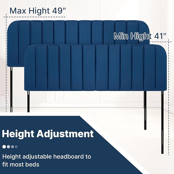 King Headboard Only - Upholstered Headboard for Bed, Easy Assembly, Velvet Covered Sponge, Place Between Bed & Wall, Adjustable Metal Legs with Non-Slip Pads, Blue