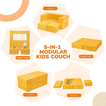 MeMoreCool Modular Kids Couch, Corduroy Play Toddler Couch for Bedroom Playroom Furniture, Convertible Foam Kids Sofa Bed, Fold Out Baby Sofa for Girl Boy, Yellow