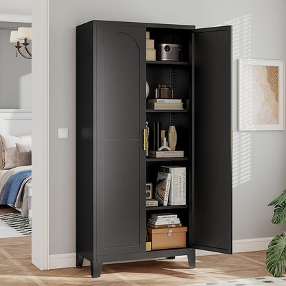 Zevemomo 70.87" H Metal Kitchen Pantry Cabinet, Freestanding Cupboard with 2 Doors and 4 Adjustable Shelves, Tall Metal Storage Cabinet for Kitchen, Bathroom, Dinning Room or Laundry Room （Black）