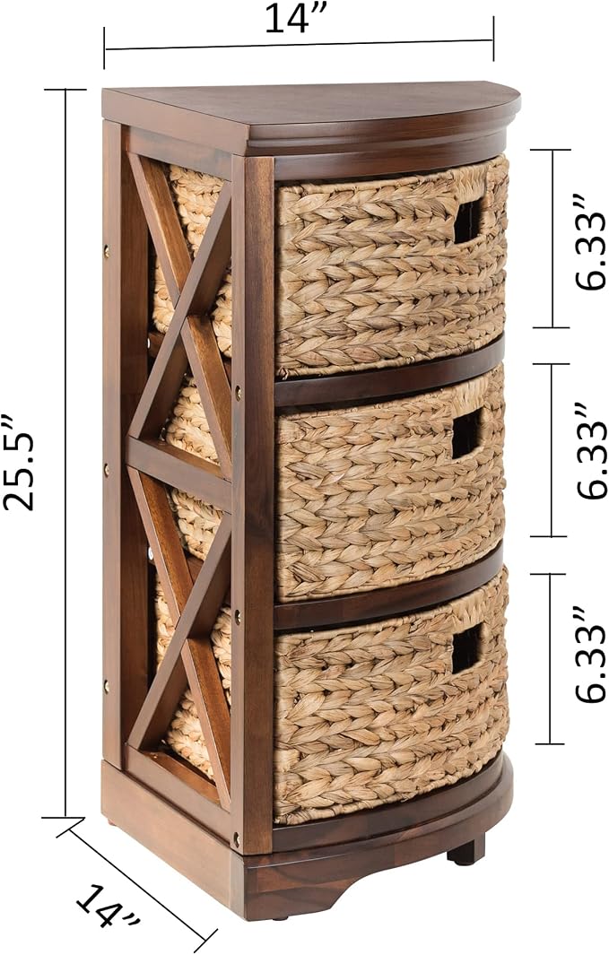 eHemco Hampton Meadows 3 Tier X-Side Corner Table Storage Cabinet, Walnut | 3 Wicker Baskets