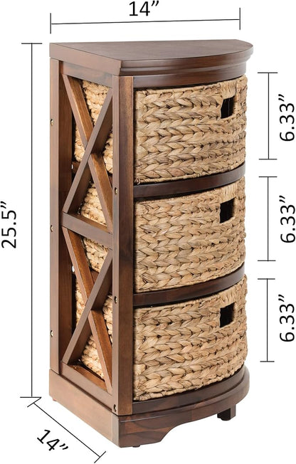 eHemco Hampton Meadows 3 Tier X-Side Corner Table Storage Cabinet, Walnut | 3 Wicker Baskets