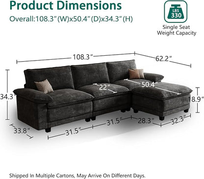 Modern L Shaped Sofa Couches for Living Room, Modular Sectional Cloud Couch with Movable Ottoman, Comfy Chenille Sofa for Apartment and Small Space, Black