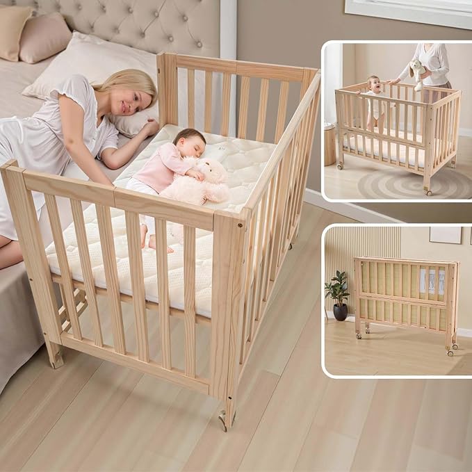 Flwrgirl Folding Wood Bedside Bassinet - Portable 4-in-1 Baby Bassinet with Breathable Mattress,3 Heights Baby Crib with Wheels,Mini Crib for Infant Newborn and Small Space,Unpainted