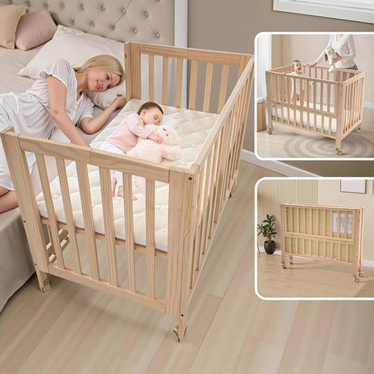 Flwrgirl Folding Wood Bedside Bassinet - Portable 4-in-1 Baby Bassinet with Breathable Mattress,3 Heights Baby Crib with Wheels,Mini Crib for Infant Newborn and Small Space,Unpainted