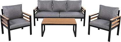 VilroCaz 4-Piece Outdoor Patio Furniture Sectional Sofa Set with Acacia Wood Armrests, All-Weather Conversation Set with Removable Cushion and Solid Wood Coffee Table for Garden Backyard (Grey-TH)