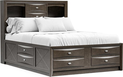 Furniture of America Darius Transitional Solid Wood 3-Piece King Platform Bedroom Set with Drawers, Bookcase Headboard and Knob Pulls, Mattress Ready, Gray