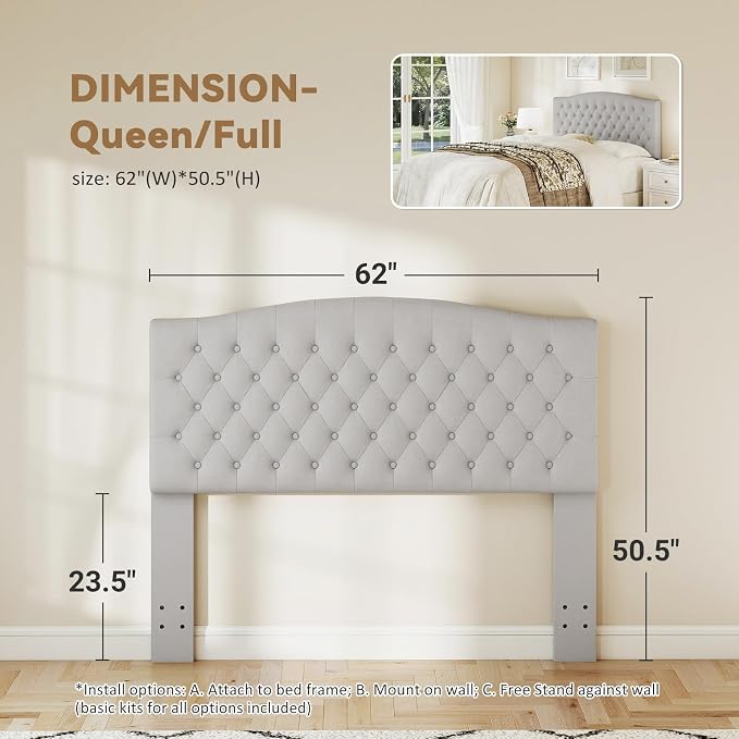 Queen Headboard Only, Velvet Classic Tufted Design, Light Gray | 2 installation options: 1.bed frame mount 2.wall mount (for adjustable bed), Classic hand-tufted headboard king size