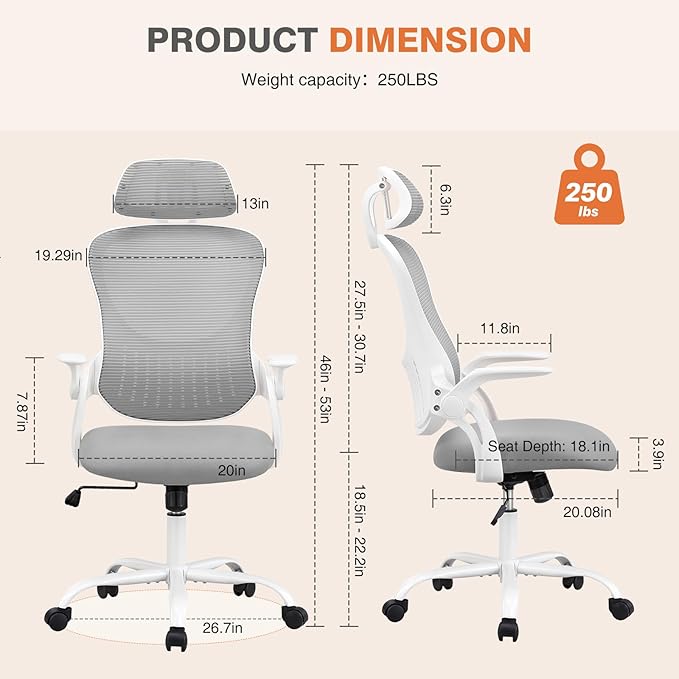 Sweetcrispy Home Office Desk Chair, Ergonomic High-Back Mesh Rolling Work Computer Chairs with Wheels and Adjustable Headrests, Comfortable Lumbar Support, Comfy Flip-up Arms for Bedroom, Study, Grey