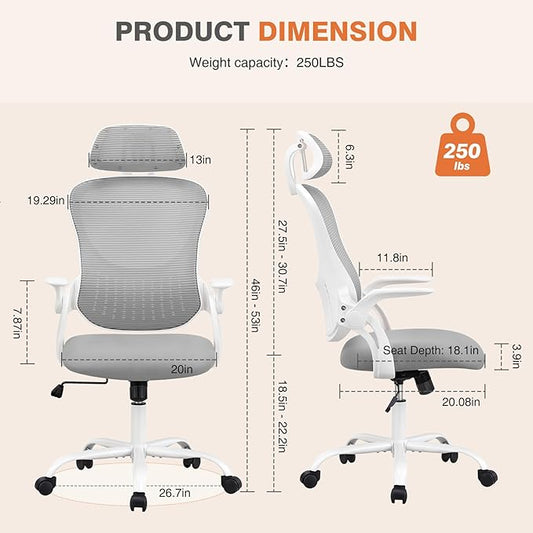 Sweetcrispy Home Office Desk Chair, Ergonomic High-Back Mesh Rolling Work Computer Chairs with Wheels and Adjustable Headrests, Comfortable Lumbar Support, Comfy Flip-up Arms for Bedroom, Study, Grey