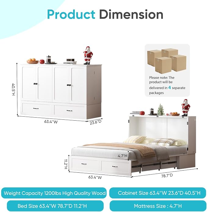 CECER Queen Murphy Bed with Mattress，Space Saving and Easy Assemble-White | Built-in Multi-Port Charging Station ＆ Large Storage Drawer，Sturdy frame ＆ Easy to Move Track