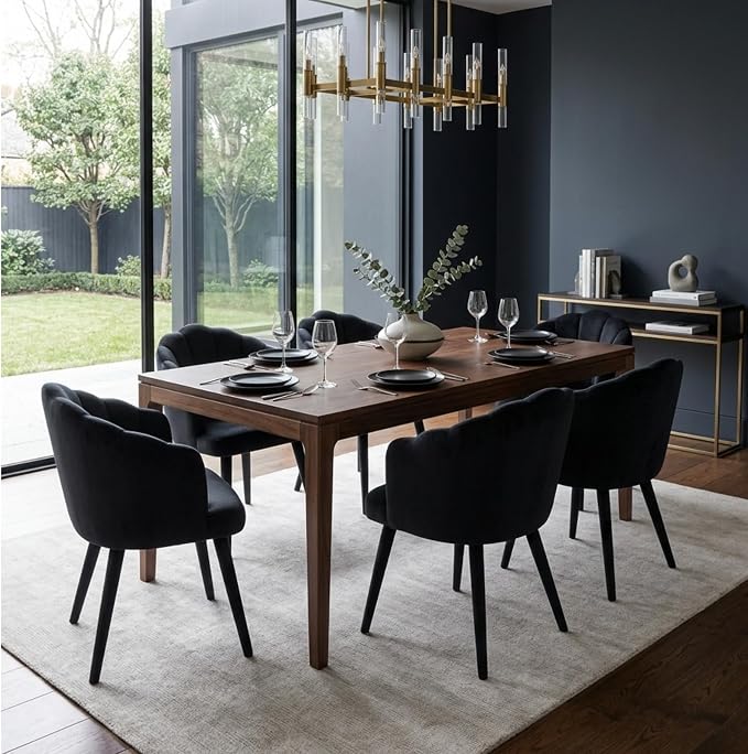 Hyfirm Velvet Dining Chairs Set of 2, Upholstered Modern Kitchen Dining Chairs with Petal Back & Fabric Covered Wooden Legs, Comfy Accent Armchairs for Bedroom/Kitchen/Vanity, Black
