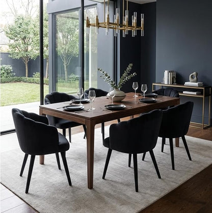 Hyfirm Velvet Dining Chairs Set of 2, Upholstered Modern Kitchen Dining Chairs with Petal Back & Fabric Covered Wooden Legs, Comfy Accent Armchairs for Bedroom/Kitchen/Vanity, Black