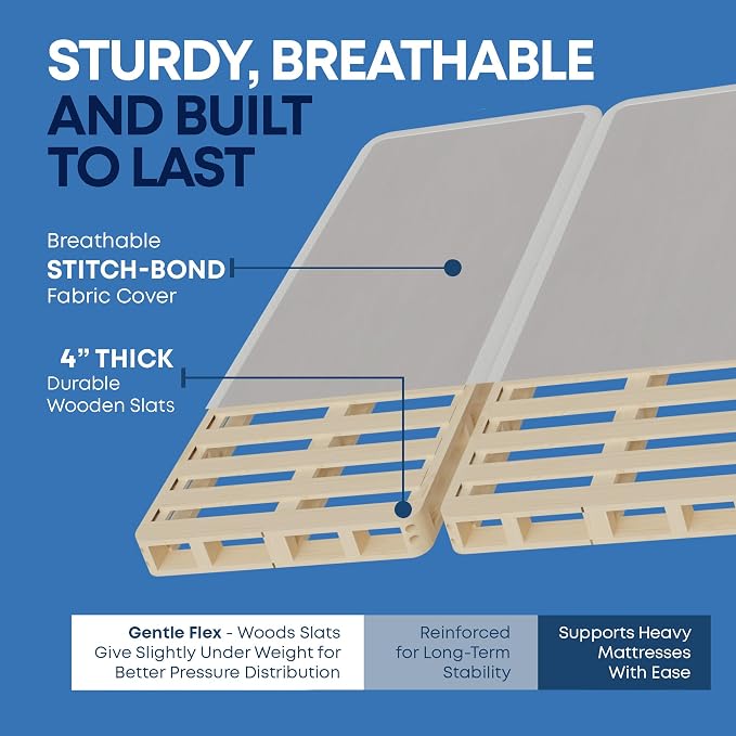 Zutan, Box Spring Bed Base Full Size, 4-Inch Wood Mattress Foundation – Amish Made in USA – Quiet Noise Free, 2-Pieces Under Mattress-Support BoxSpring, Fully Assembled, White