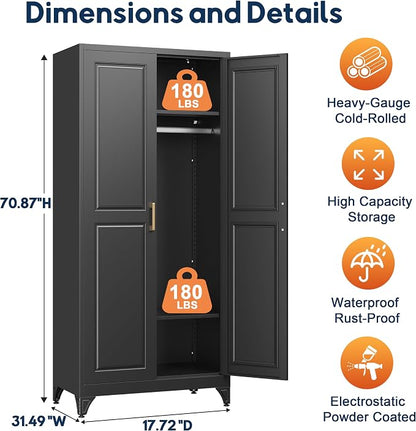 UNICOLY Armoire Wardrobe Closet with Doors, 71'' Wardrobe Cabinet with Hanging Rod, Metal Closet with 2 Adjustable Shelves for Bedroom School, Employee, Gym, Armarios De Ropa para Dormitorio, Black