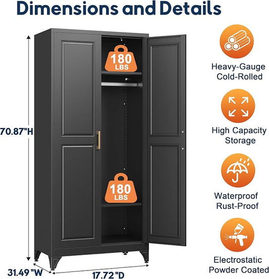 UNICOLY Armoire Wardrobe Closet with Doors, 71'' Wardrobe Cabinet with Hanging Rod, Metal Closet with 2 Adjustable Shelves for Bedroom School, Employee, Gym, Armarios De Ropa para Dormitorio, Black