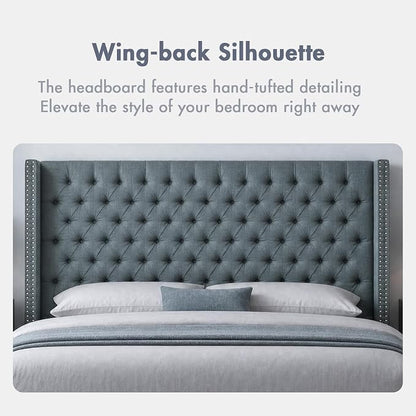 Madison Park Queen Wingback Upholstered Tufted Headboard, Featuring High-Density Sponge Padding, Adjustable Height Headboard, Easy Assembly, Dark Grey Woven