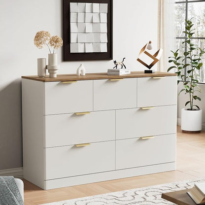 3 Pieces of Dresser and Nightstand Set,47.2" Width 7-Drawer Dresser & 3-Drawer Nightstands Set of 2 w/Gold Metal Handle, Modern Design for Bedroom,White & Brown