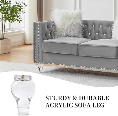 60" Chesterfield Sofa, Velvet Mid-Century Modern Upholstered Loveseat Sofa with 2 Throw Pillows and Acrylic Legs, Nailhead Button Tufted Vintage Couch for Living Room, Apartment, Grey