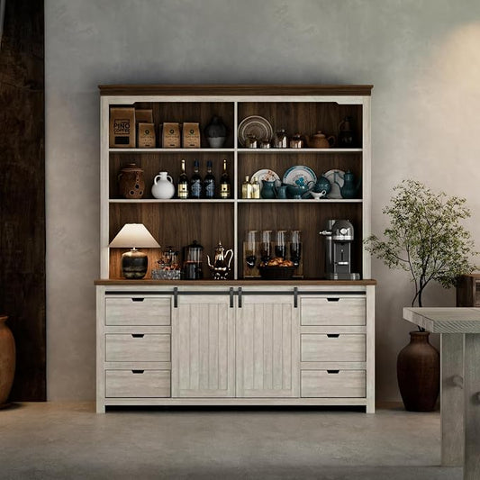 Bobve 78 * 67" Large Farmhouse Pantry Cabinet Set of 2, Buffet Cabinet,Tall Kitchen Storage Cabinets with Partitions and 6 Drawers, Suitable for Kitchens, Dining Rooms, Coffee Bar