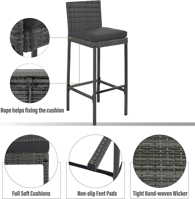 Quarte Modern 5-Piece Outdoor Patio Dining Set, Garden PE Rattan Wicker Bar Set, 4 Bar Height Chairs with Non-Slip Feet and Fixed Rope, Acacia Wood Table Top