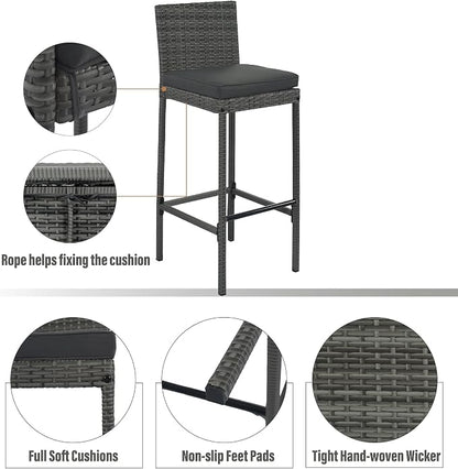 Quarte Modern 5-Piece Outdoor Patio Dining Set, Garden PE Rattan Wicker Bar Set, 4 Bar Height Chairs with Non-Slip Feet and Fixed Rope, Acacia Wood Table Top