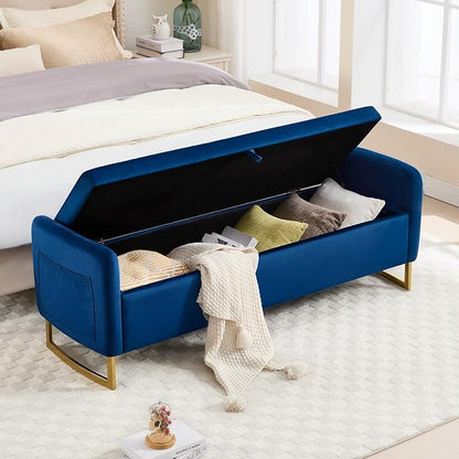 65" Storage Bench for Bedroom, Velvet End of Bed Bench, King Size Bed Benches for Foot with Tufted Button and Gold Legs, Upholstered Window Ottoman Benches with Armrests, Navy Blue