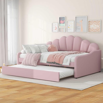 Ball & Cast Full Size Daybed with Trundle,Velvet Upholstered Day Bed Frame Full with Shall Shaped Backrest and Wood Slat Support,No Box Spring Needed,Pink