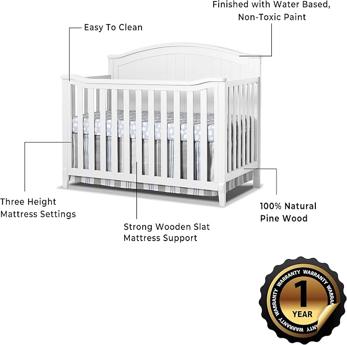 Sorelle Furniture Fairview Crib, Classic 4-in-1 Convertible Crib, Made of Wood, Non-Toxic Finish, Wooden Baby Bed, Toddler Bed, Child’s Daybed and Full-Size Bed, Nursery Furniture -White