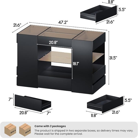 Kikihouse Modern Closet Island with 10 Drawers, LED Wardrobe Armoire Island with Glass Top, Luxury Walk-in Closet Island Storage Cabinet with Display Shelf for Cloakroom, Dressing Room (Black)