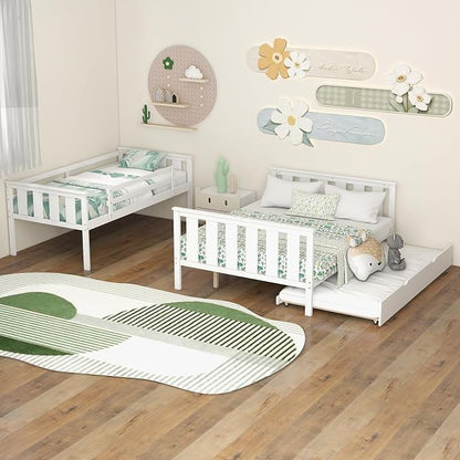 KOMFOTT Twin Over Full Bunk Bed with Trundle, Wood Bunk Bed with Pull-Out Trundle Bed, Solid Wood Frame, Ladder & Safety Guardrails, Convertible to 2 Separated Beds, No Box Spring Needed (White)